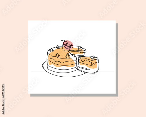 Continuous single one line art drawing of delicious sliced piece creamy tart cake with fruit topping and whipped cream for birthday party in boho bohemian style design vector illustration