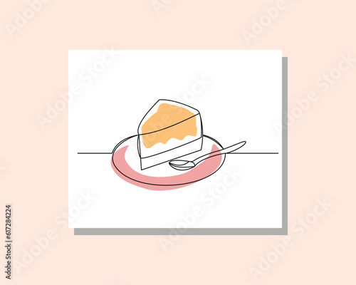 Continuous single one line art drawing of delicious sliced piece creamy tart cake with fruit topping and whipped cream for birthday party in boho bohemian style design vector illustration