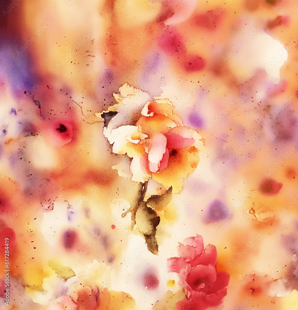illustrazione Generative Ai con sfondo a tema floreale astratto, arte moderna con forme e colori caldi sfumati e soffusi dai toni pastello