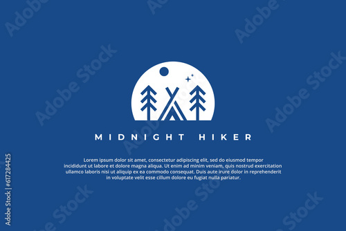 logo outdoor tent night mountain hiker line art pine