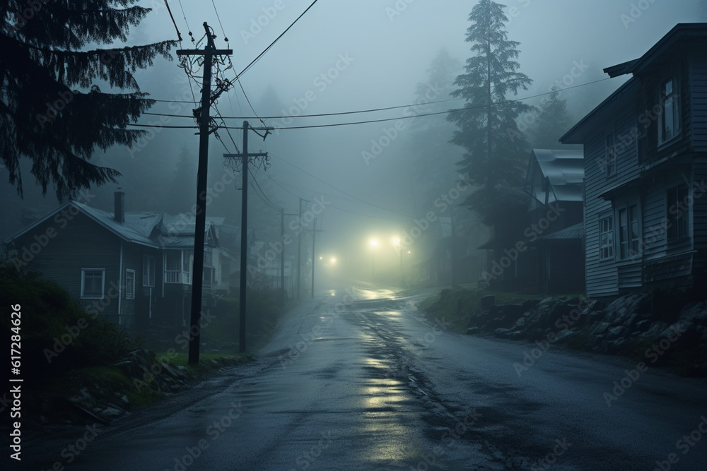 An empty illuminated ghost town street lamps lighting up the road through the trees and village in a fog on a rainy autumn day, street lanterns.  Halloween background. Generative AI