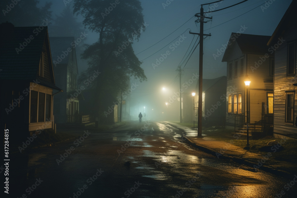An empty illuminated ghost town street lamps lighting up the road through the trees and village in a fog on a rainy autumn day, street lanterns.  Halloween background. Generative AI