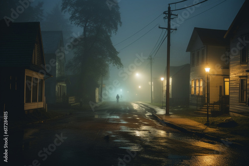 An empty illuminated ghost town street lamps lighting up the road through the trees and village in a fog on a rainy autumn day, street lanterns. Halloween background. Generative AI