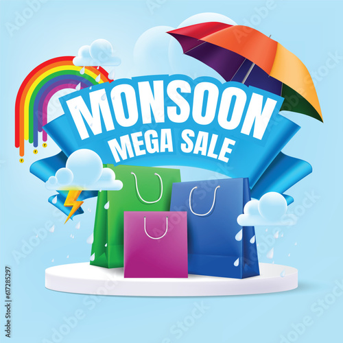 Monsoon sale banner template with shopping bags on podium surrounded with monsoon elements