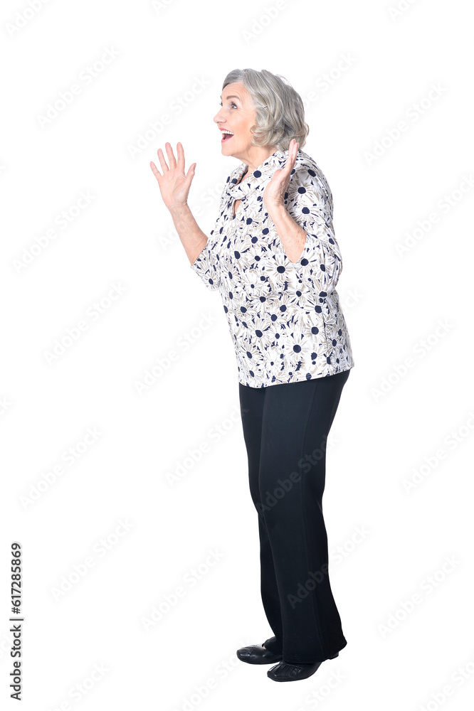 full length, happy senior woman posing isolated on white background full length, happy senior woman posing isolated on white background