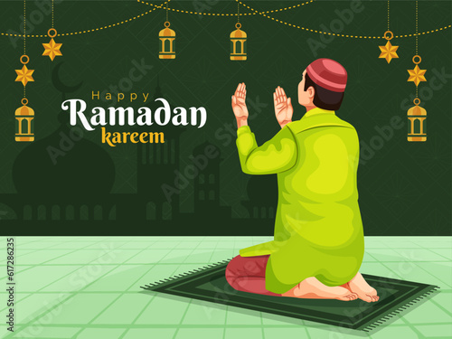 Ramadan Kareem and eid mubarak greetings. Muslim man in traditional dress offering namaz, praying and making duas during the holy month of Ramadan social post template.