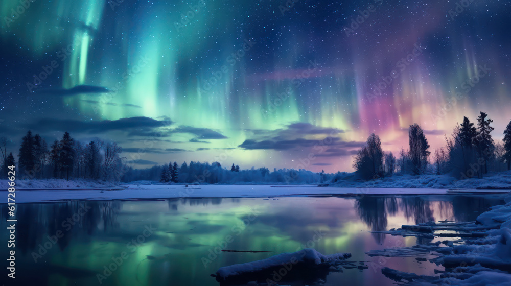 Dark winter night snow covered landscape, northern lights in the sky reflecting on the lake. Aurora borealis