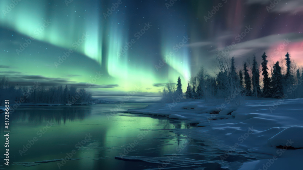Dark winter night snow covered landscape, northern lights in the sky reflecting on the lake. Aurora borealis