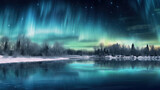 Dark winter night snow covered landscape, northern lights in the sky reflecting on the lake. Aurora borealis