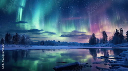 Dark winter night snow covered landscape  northern lights in the sky reflecting on the lake. Aurora borealis