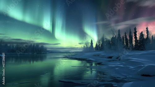 Dark winter night snow covered landscape  northern lights in the sky reflecting on the lake. Aurora borealis