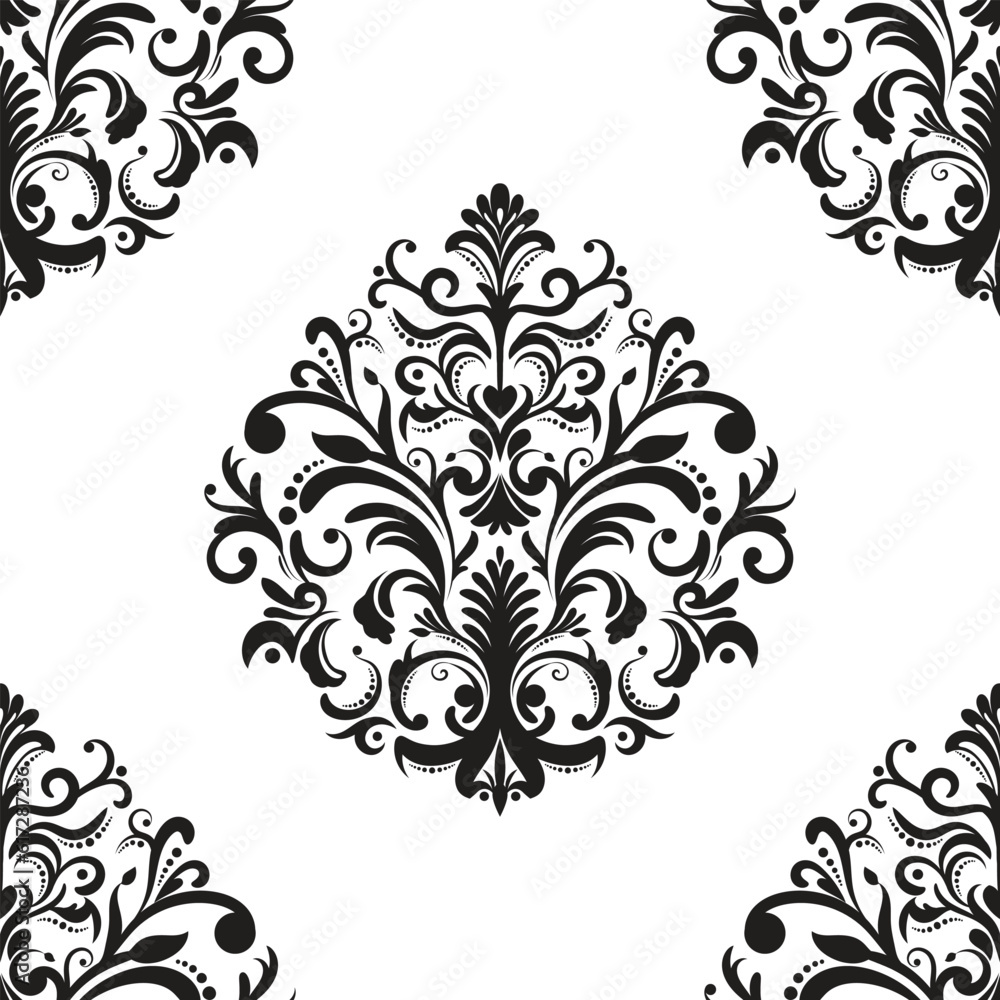 Damask floral motif tile pattern. Luxury wallpaper texture ornament decor. Baroque Textile, fabric, tiles. Isolated on Transparent background.