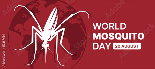 World mosquito day - White mosquito symbol on dark red circle globe world texture background vector design