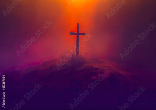 The Cross on top of the hill, red light