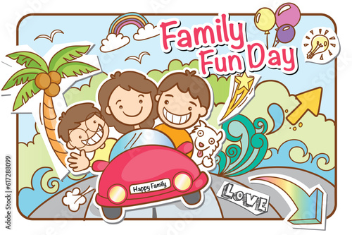 Family Fun Day event poster. Vector illustration of family's happy adventure. Text: Family Fun Day