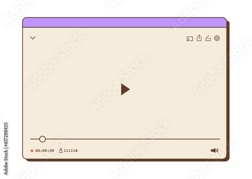 Video player template for web or mobile apps. Retro nostalgic screen live stream. Multimedia frame layout with play button, volume, time and users icons. Vector flat illustration.