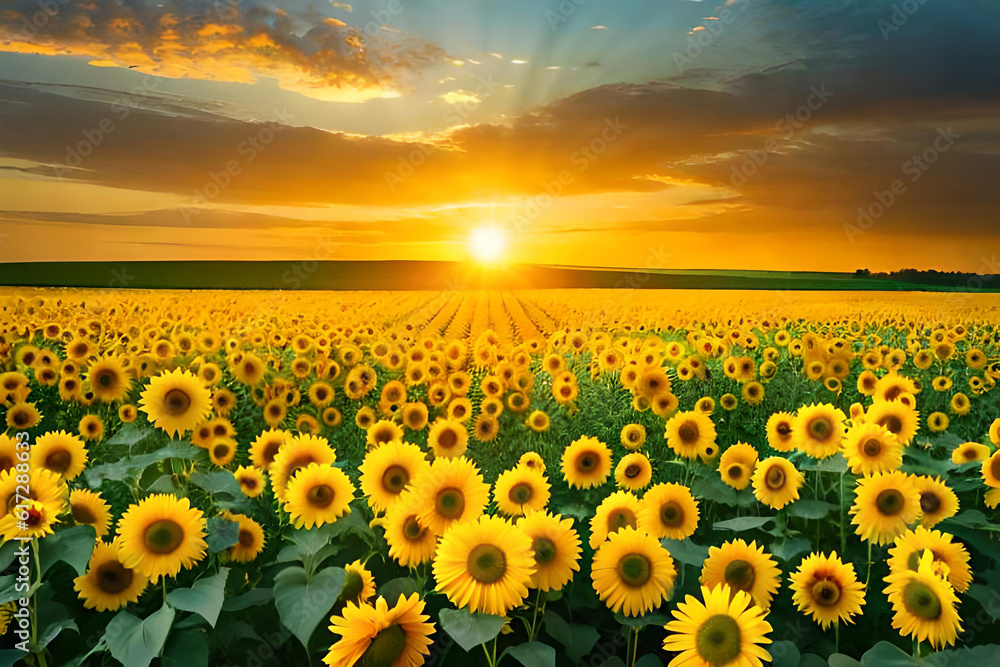 Obraz premium A serene nature landscape with a vast field of blooming sunflowers, their golden petals stretching towards the sky