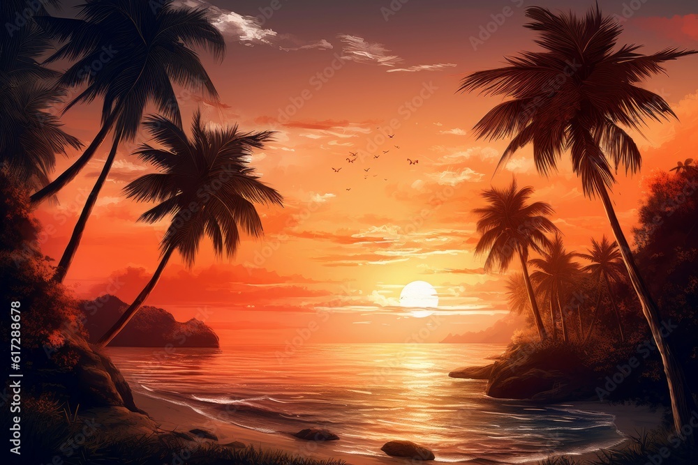 Beach palms sunset. Generate Ai