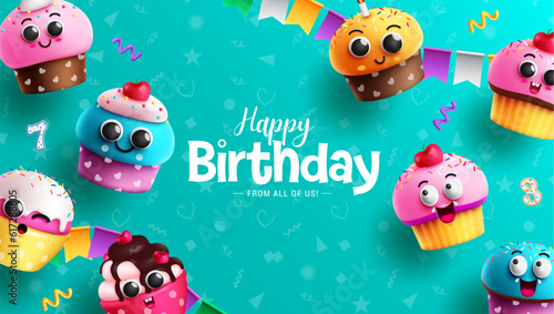 Happy birthday text vector design. Birthday text with cute and cupcakes in doodle blue background for card and invitation template. Vector illustration for birthday wrapper.