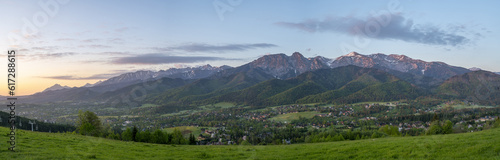 Panorama of the High Tatras from above the resort of Zakopane in Poland