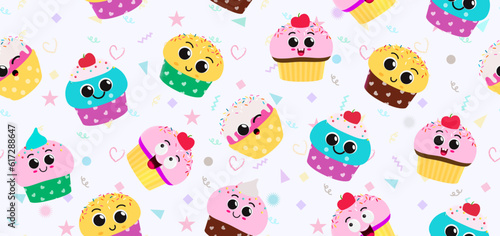 Cupcakes seamless vector design. Cute birthday cupcakes elements with doodle white background. Vector illustration for birthday wrapper and wallpaper.