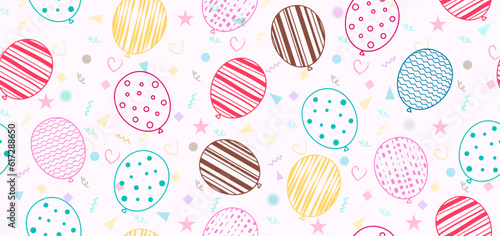 Balloon seamless vector design. Birthday balloons in colorful hand drawn elements for gift wrapper background. Vector illustration endless pattern decoration.