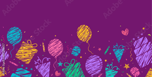 Birthday seamless vector design. Birthday party elements in purple background for wallpaper and wrapper. Vector illustration in empty space background.