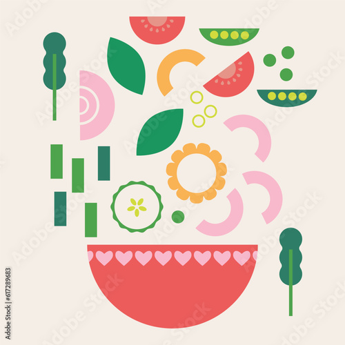 Salad in the bowl. Healthy food concept. Modern flat vector illustration for salad bar.