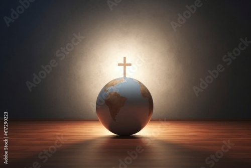 Conceptual image with christian cross and earth globe on wooden floor photo