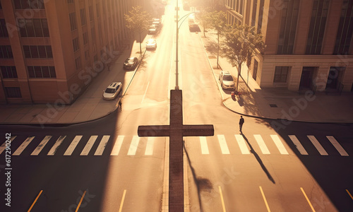Shadow of a cross and a man in the middle of a street
