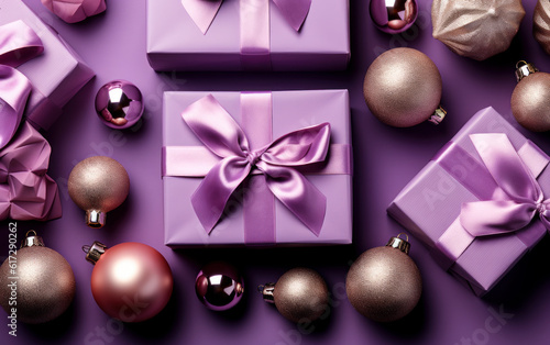 Lilac present boxes with ribbon bows and pink, purple, and white ornaments in top view on an empty backdrop of violet.