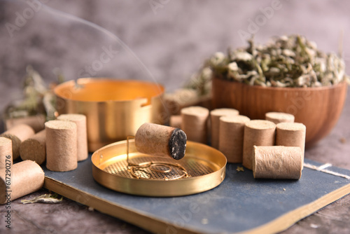 Chinese medicine, health and cure, moxibustion. close-up