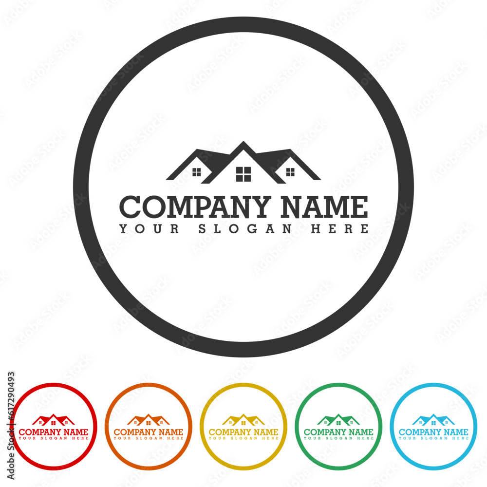 Real estate logo template. Set icons in color circle buttons Real estate logo template. Set icons in color circle buttons