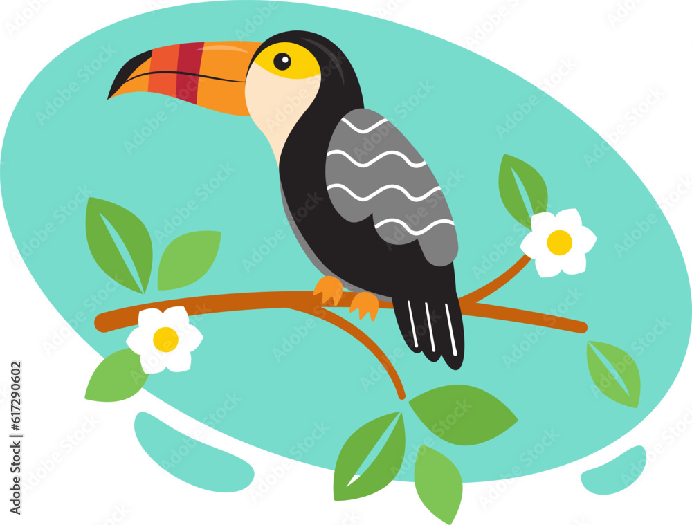 Fototapeta premium Toucan is an exotic bird with tropical flowers and jungle leaves. Cute cartoon bird. Vector illustration