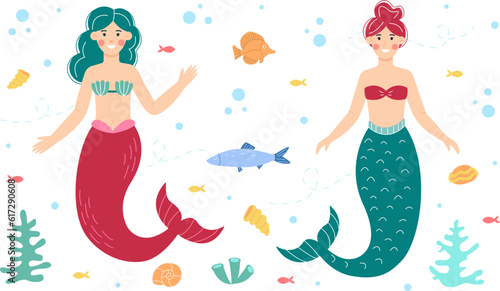 Smiling mermaids with fish and other sea creatures. Vector illustrations for children, children's books, greeting cards
