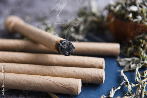 Chinese medicine, health and cure, moxibustion. close-up