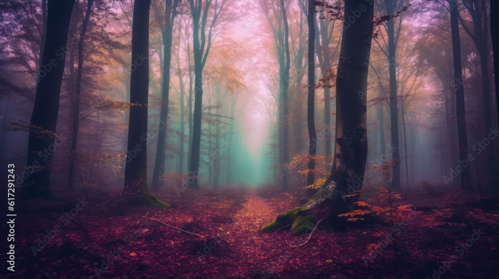 Mysterious foggy forest. Magical atmosphere background. AI generative image.