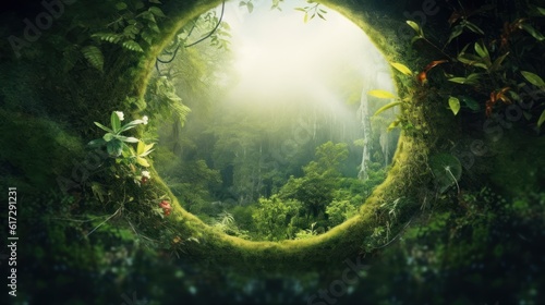 Fantasy landscape with tropical plants  copyspace background. AI generative image.