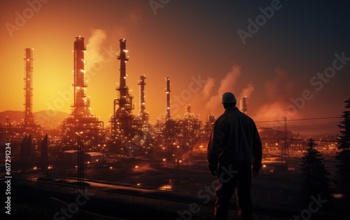 a worker standing with his back visible, facing the industrial factory at dusk