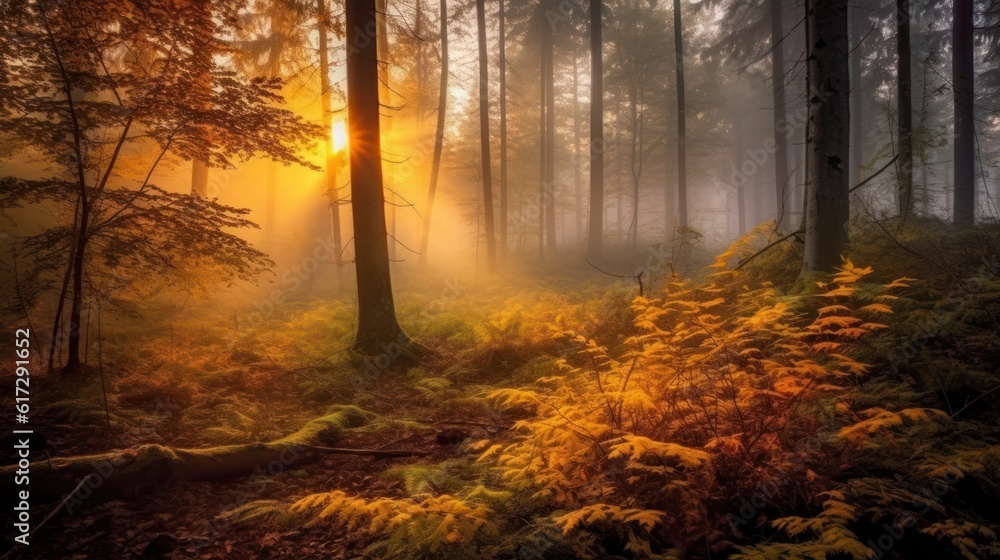 Fototapeta premium Mysterious dark forest with fog and sunbeams. AI generative image.