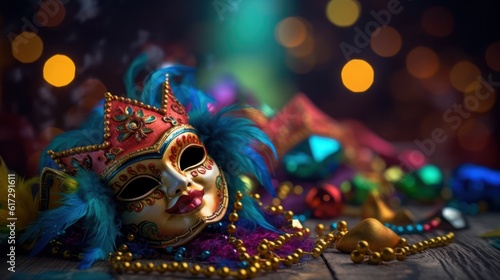 Carnival mask with colorful beads. Mardi Gras background.