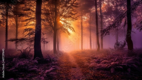 Mysterious dark forest with fog and sunbeams. AI generative image.