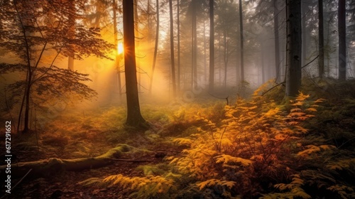 Mysterious dark forest with fog and sunbeams. AI generative image.