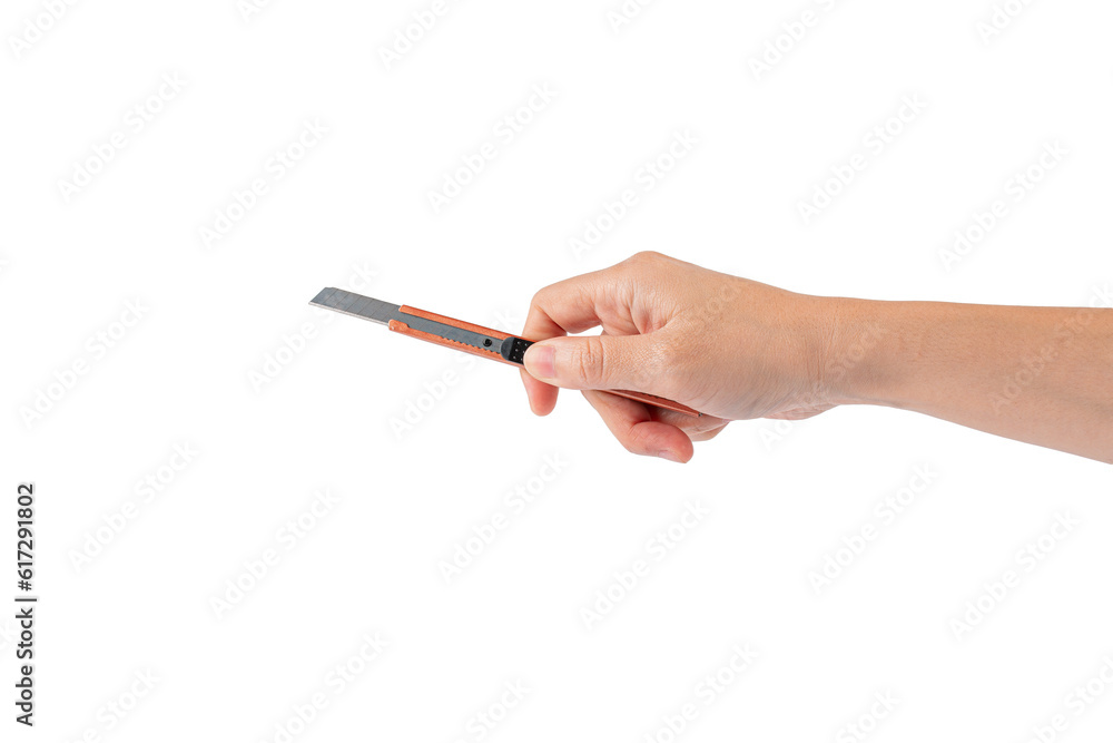 Cutter knife tool office for cutpaper in hand on transparent background Cutter knife tool office for cutpaper in hand on transparent background