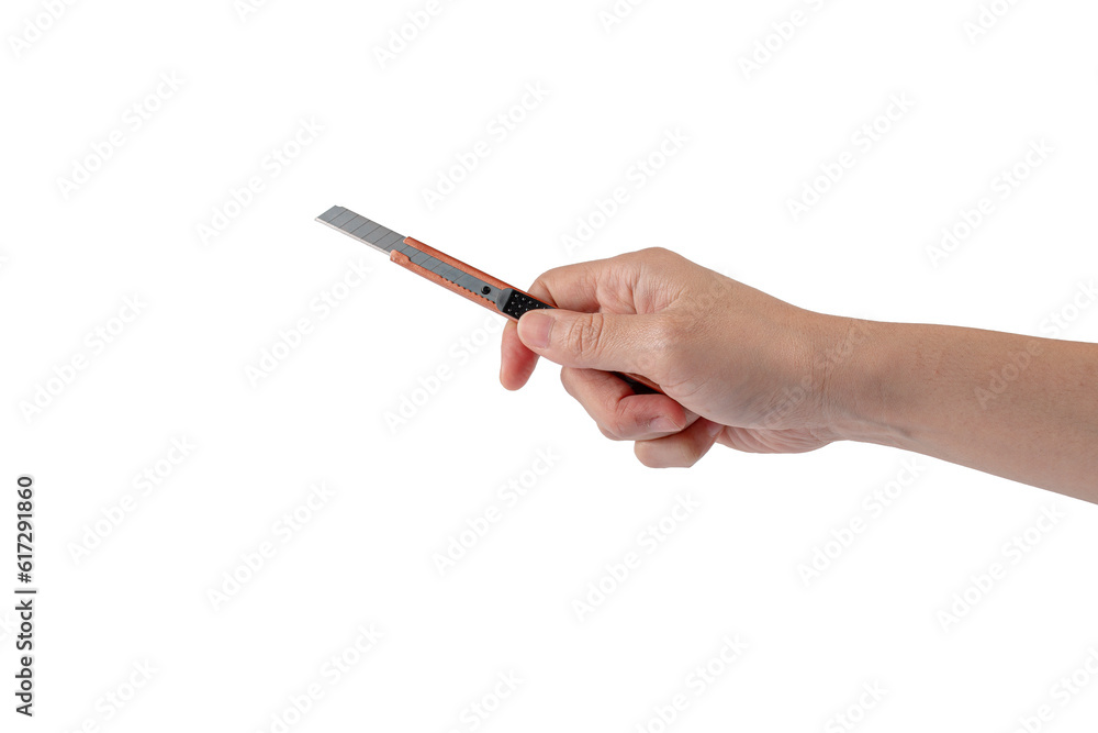 Cutter knife tool office for cutpaper in hand on transparent background Cutter knife tool office for cutpaper in hand on transparent background