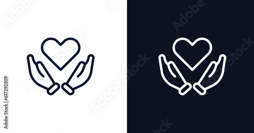 heart in hands icon. Thin line heart in hands icon from people collection. Outline vector isolated on dark blue and white background. Editable heart in hands symbol can be used web and mobile