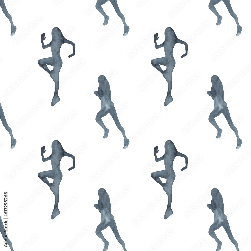 Sports at sunrise pattern.Running.Gymnastics.Morning gym.Watercolor silhouette sport isolated on white background. Sports at sunrise pattern.Running.Gymnastics.Morning gym.Watercolor silhouette sport isolated on white background.