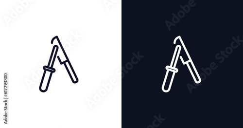 knife sharpener icon. Thin line knife sharpener icon from kitchen collection. Outline vector isolated on dark blue and white background. Editable knife sharpener symbol can be used web and mobile