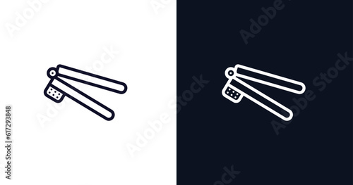 garlic press icon. Thin line garlic press icon from kitchen collection. Outline vector isolated on dark blue and white background. Editable garlic press symbol can be used web and mobile