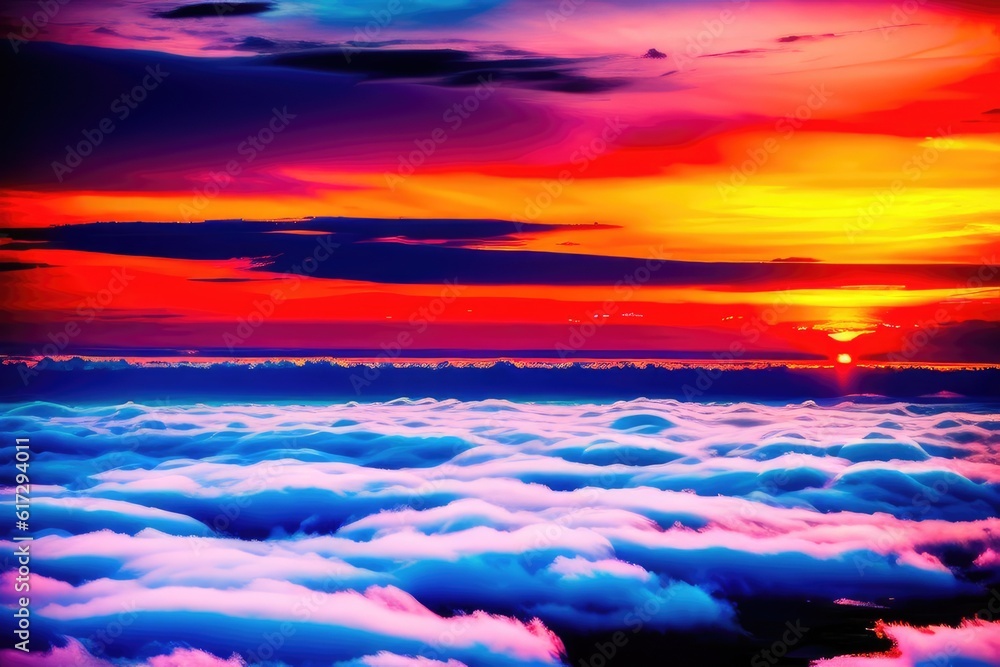 panorama with sunset above the clouds from the airplane window. Generative AI